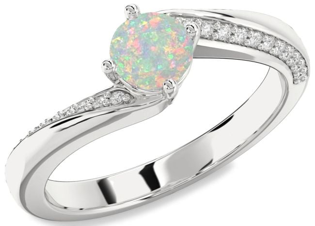 Diamond Opal Silver Round Solitaire Engagement Ring