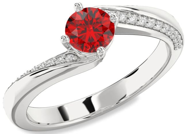 Diamond Ruby Silver Round Solitaire Engagement Ring