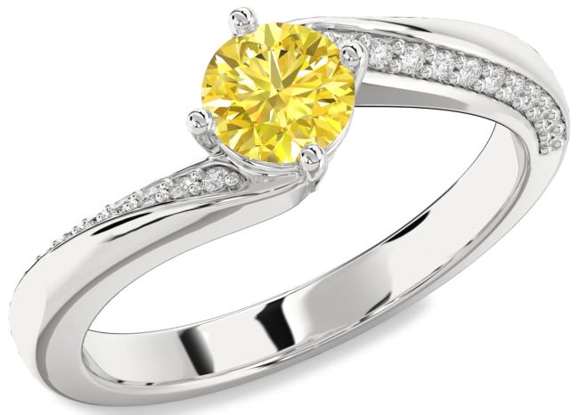 Yellow Diamond Silver Round Solitaire Engagement Ring