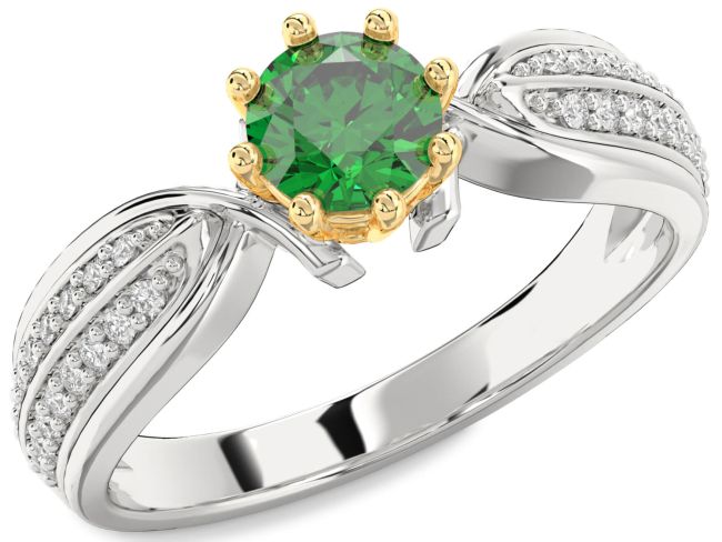 Diamond Emerald Gold Silver Round Solitaire Pave Engagement Ring