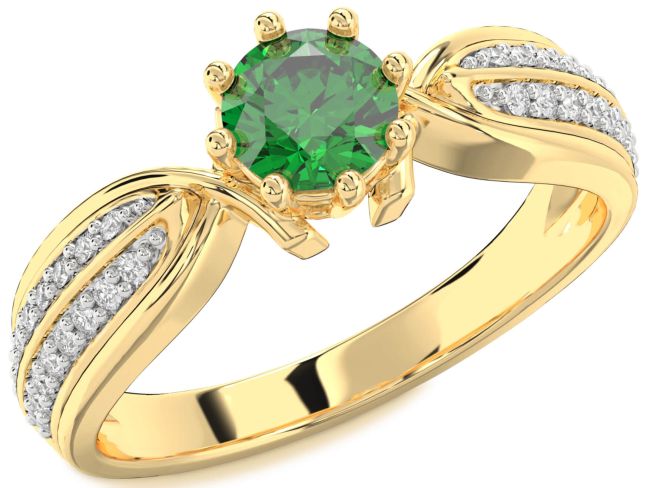 Diamond Emerald Gold Round Solitaire Pave Engagement Ring