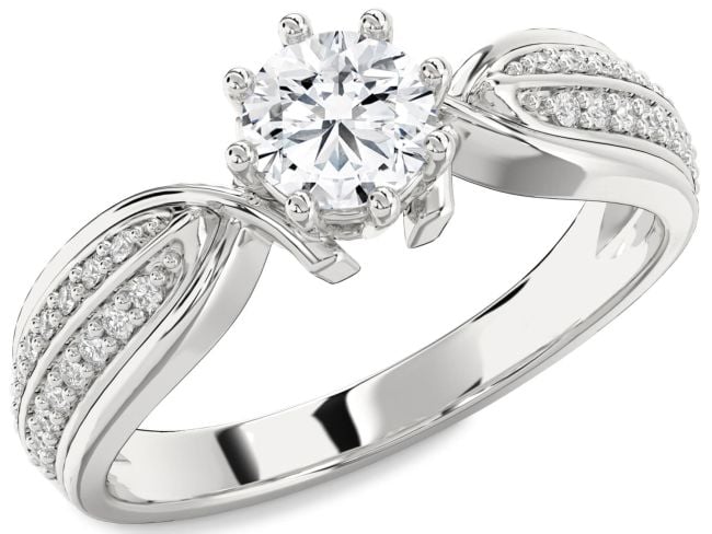 Diamond Silver Round Solitaire Pave Engagement Ring