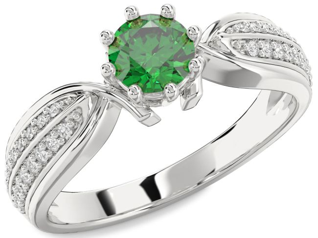 Diamond Emerald Silver Round Solitaire Pave Engagement Ring