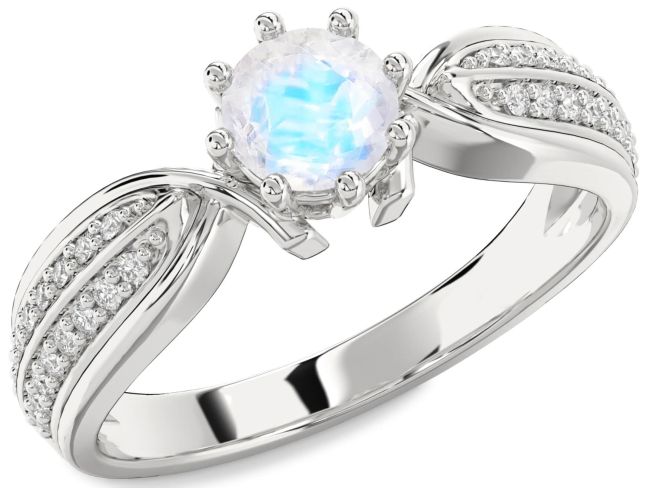 Diamond Moonstone Silver Round Solitaire Pave Engagement Ring
