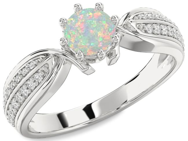 Diamond Opal Silver Round Solitaire Pave Engagement Ring