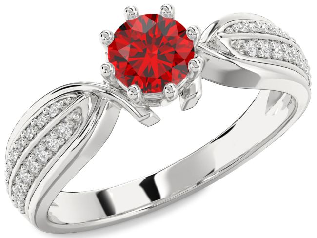 Diamond Ruby Silver Round Solitaire Pave Engagement Ring