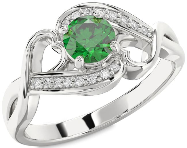 Diamond Emerald Silver Heart Solitaire Engagement Ring