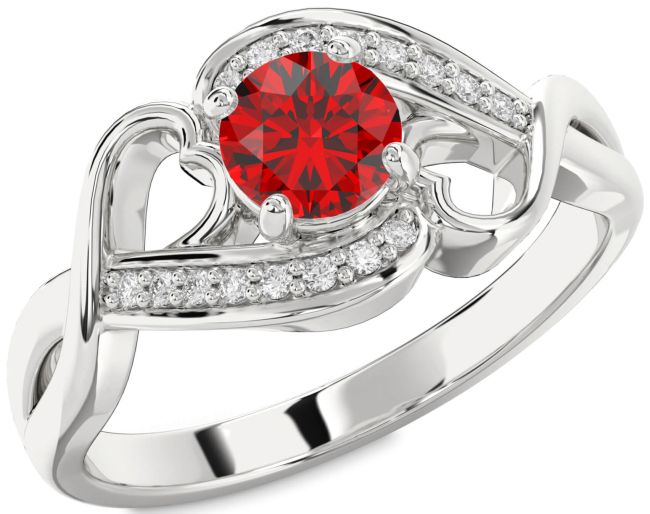 Diamond Ruby Silver Heart Solitaire Engagement Ring