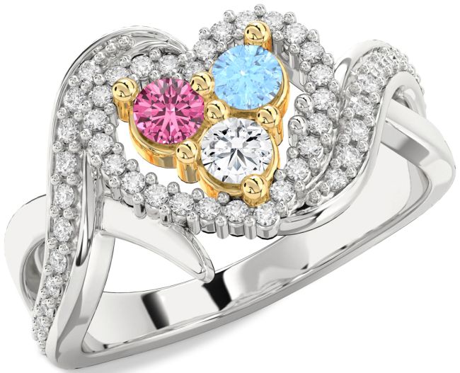 Diamond Gold Silver Heart Three Stone Mother's Ring
