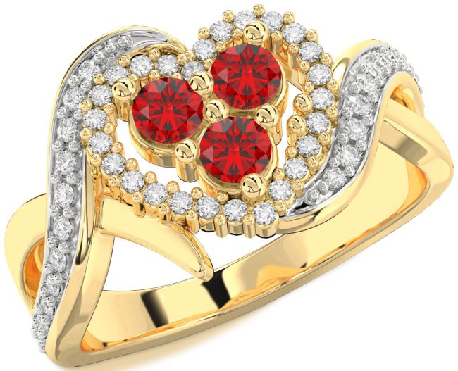 Diamond Ruby Gold Heart Three Stone Birthstone Ring