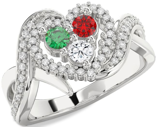 Diamond Silver Heart Three Stone Mother's Ring
