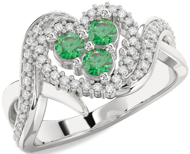 Diamond Emerald Silver Heart Three Stone Birthstone Ring