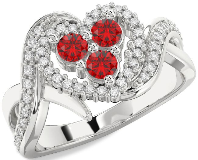 Diamond Ruby Silver Heart Three Stone Birthstone Ring