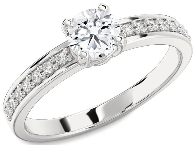 Diamond Silver Round Solitaire Pave Engagement Ring