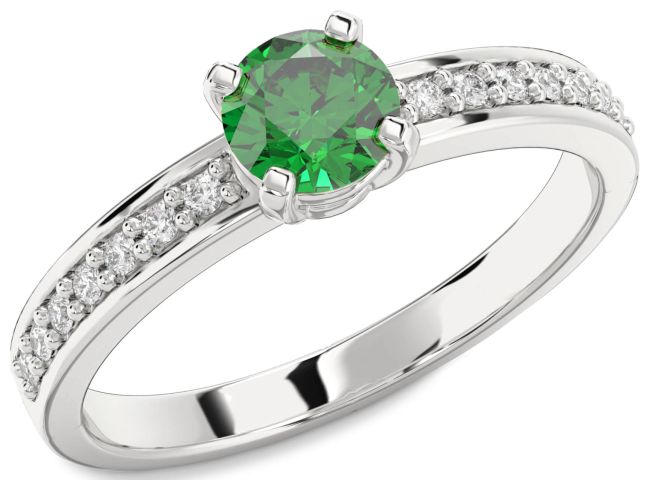 Diamond Emerald Silver Round Solitaire Pave Engagement Ring