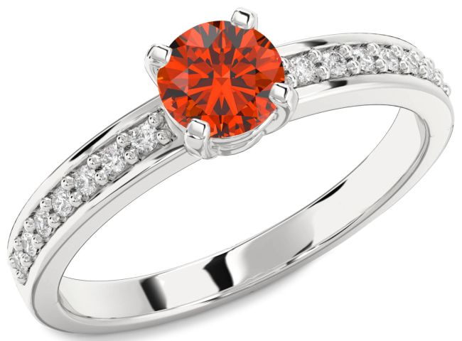 Diamond Fire Opal Silver Round Solitaire Pave Engagement Ring