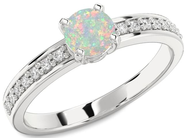 Diamond Opal Silver Round Solitaire Pave Engagement Ring