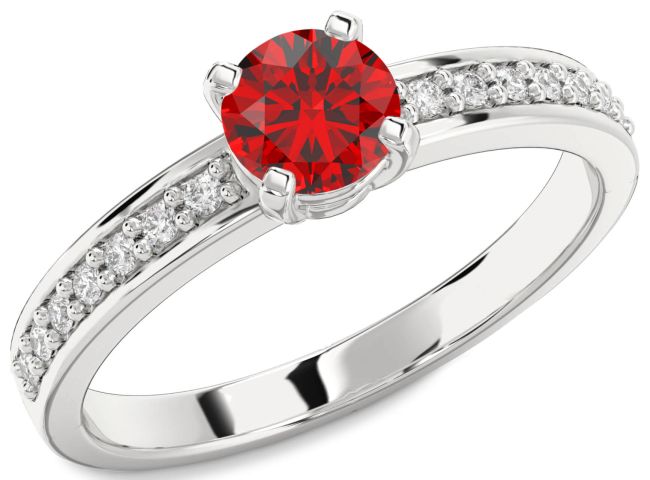 Diamond Ruby Silver Round Solitaire Pave Engagement Ring