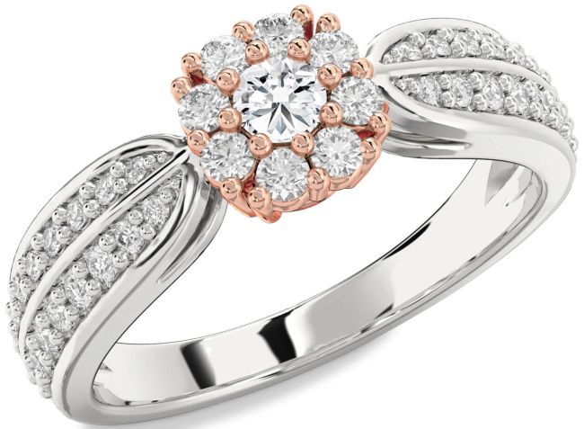 Diamond Rose Gold Silver Halo Round Pave Promise Ring