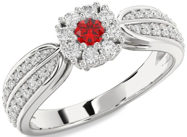 Diamond Ruby Silver Halo Round Pave Promise Ring