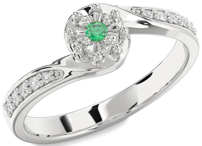 Diamond Emerald Silver Round Pave Promise Ring