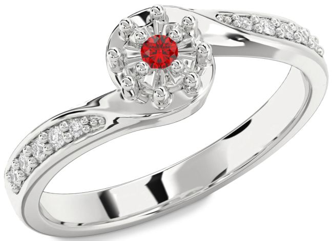 Diamond Ruby Silver Round Pave Promise Ring
