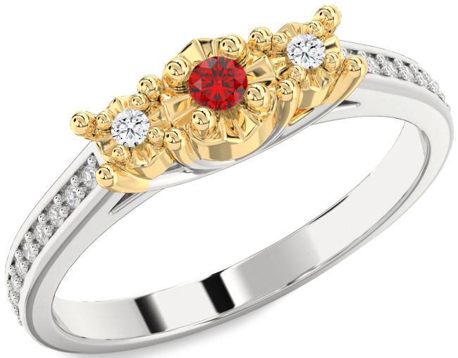 Diamond Ruby Gold Silver Round Three Stone Engagement Ring