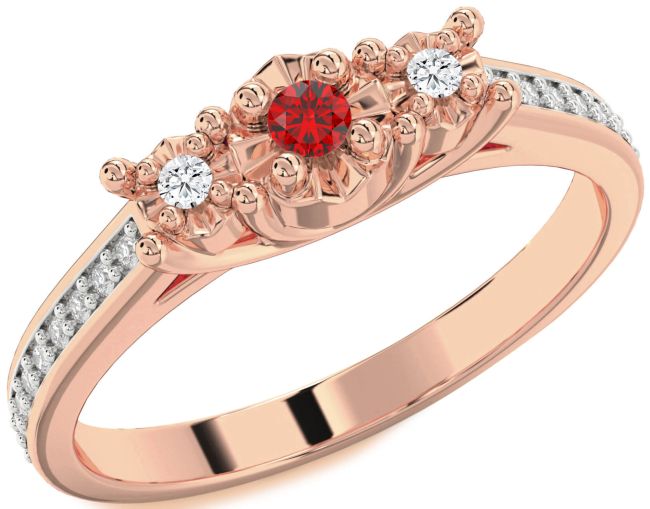 Diamond Ruby Rose Gold Round Three Stone Engagement Ring