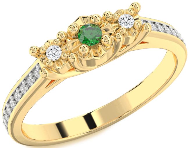Diamond Emerald Gold Round Three Stone Engagement Ring