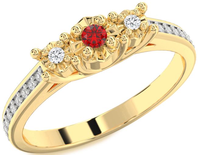 Diamond Ruby Gold Round Three Stone Engagement Ring
