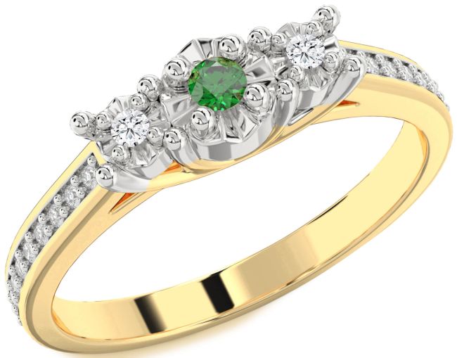 Diamond Emerald Gold Silver Round Three Stone Engagement Ring
