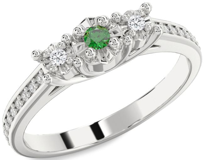Diamond Emerald Silver Round Three Stone Engagement Ring