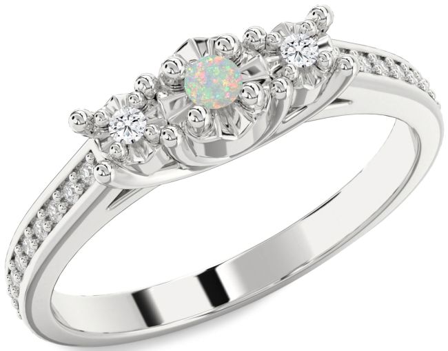 Diamond Opal Silver Round Three Stone Engagement Ring