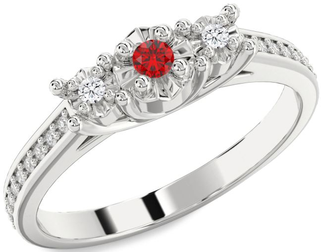 Diamond Ruby Silver Round Three Stone Engagement Ring
