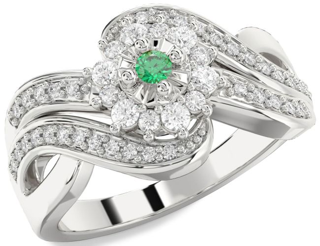Diamond Emerald Silver Halo Round Promise Ring