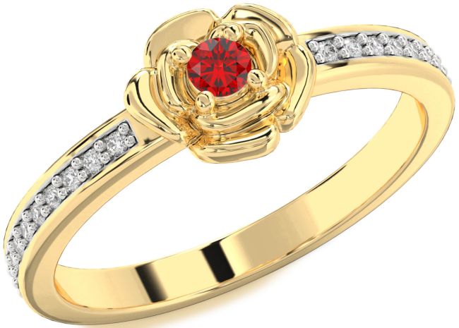Diamond Ruby Gold Flower Round Pave Promise Ring