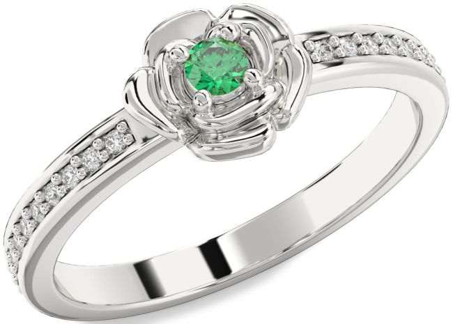 Diamond Emerald Silver Flower Round Pave Promise Ring