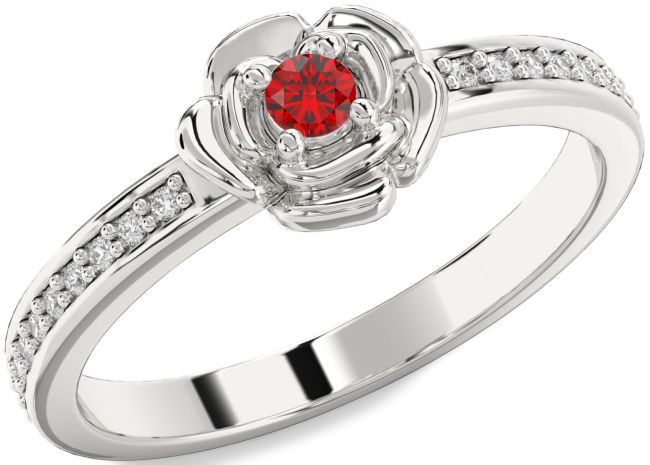 Diamond Ruby Silver Flower Round Pave Promise Ring