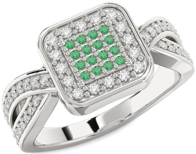 Diamond Emerald Silver Round Pave Promise Ring