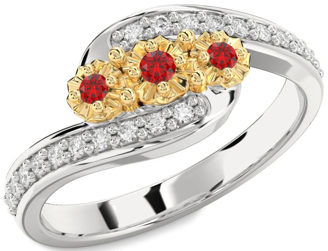 Diamond Ruby Gold Silver Round Two Stone Birthstone Ring