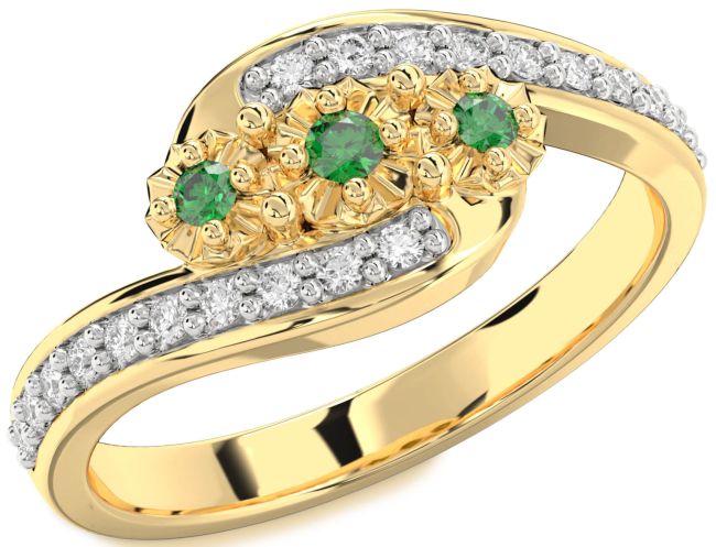 Diamond Emerald Gold Silver Round Two Stone Birthstone Ring