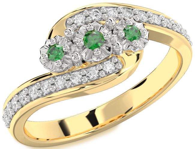Diamond Emerald Gold Silver Round Two Stone Birthstone Ring