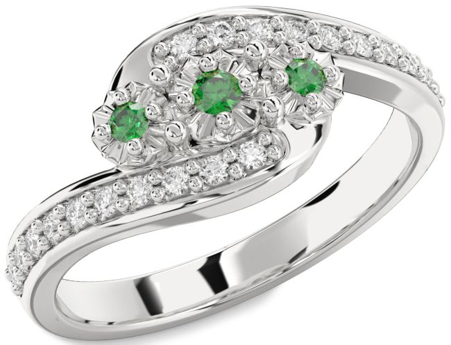 Diamond Emerald Silver Round Two Stone Birthstone Ring