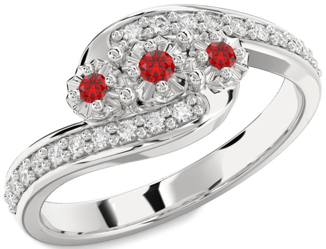 Diamond Ruby Silver Round Two Stone Birthstone Ring