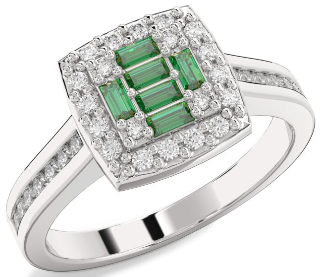 Diamond Emerald Silver Baguette Pave Promise Ring