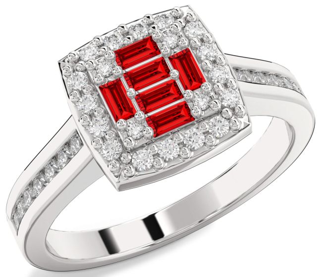 Diamond Ruby Silver Baguette Pave Promise Ring