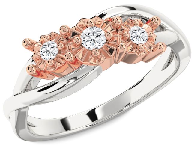 Diamond Silver & 10K Rose Gold Round Three Stone Engagement Ring
