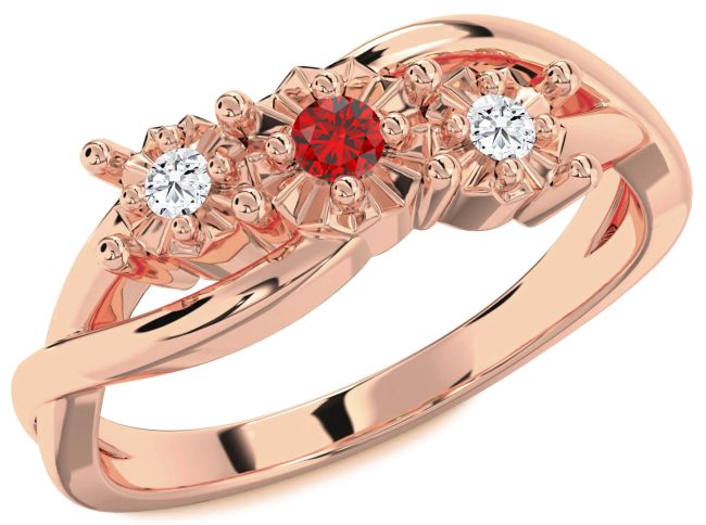 Diamond Ruby Rose Gold Round Three Stone Engagement Ring