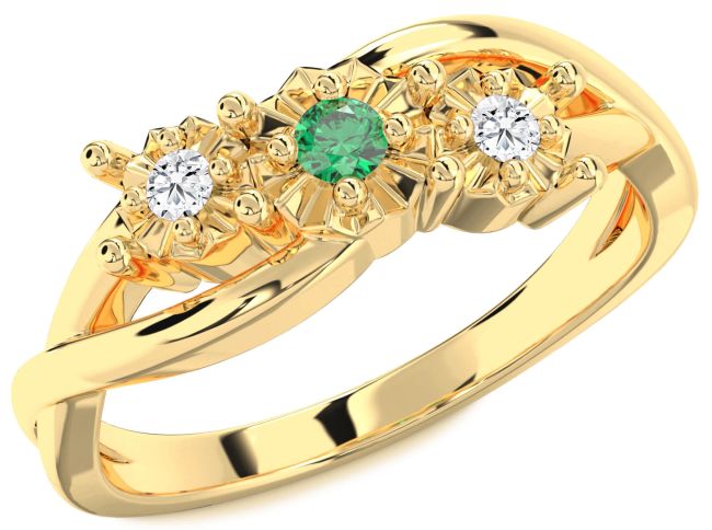 Diamond Emerald Gold Round Three Stone Engagement Ring