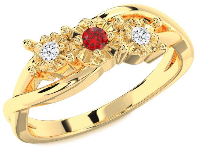 Diamond Ruby Gold Round Three Stone Engagement Ring